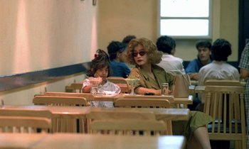 Movie still from “Chungking Express” (1994), directed by Kar-Wai Wong – A woman and a child sitting at a table; Wide shot, Over the shoulder angle