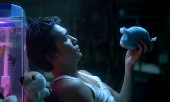 Movie still from “Chungking Express” (1994), directed by Kar-Wai Wong – A man holding a stuffed pig in his hands; Close Up shot, Low angle