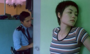 Movie still from “Chungking Express” (1994), directed by Kar-Wai Wong – A woman standing next to a man in front of a door; Close Up shot, Over the shoulder angle