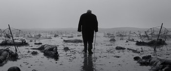 Movie still from “Churchill” (2017), directed by Jonathan Teplitzky – An old man with a walking stick walking on the beach; Wide shot, High angle