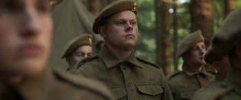 Movie still from “Churchill” (2017), directed by Jonathan Teplitzky – A man in a military uniform is looking up; Close Up shot, Low angle