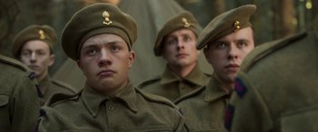 Movie still from “Churchill” (2017), directed by Jonathan Teplitzky – A group of men in military uniforms standing next to each other; Close Up shot, Low angle