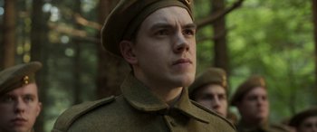Movie still from “Churchill” (2017), directed by Jonathan Teplitzky – A man in a military uniform looking to his left; Close Up shot, Low angle