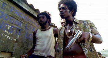 Movie still from “City of God” (2002), directed by Kátia Lund – A group of men standing next to each other holding guns; Medium shot, Low angle