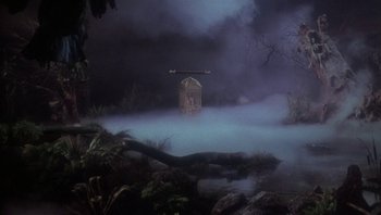 Movie still from “Clash of the Titans” (1981), directed by Desmond Davis – An image of an eerie scene with fog in the background; Wide shot, High angle