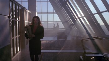 Movie still from “Class Action” (1991), directed by Michael Apted – A woman standing in front of a window in a room; Wide shot, Low angle