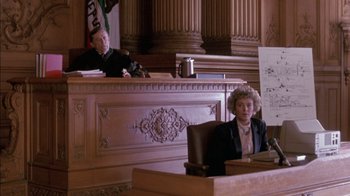 Movie still from “Class Action” (1991), directed by Michael Apted – A woman sitting in front of a judge in a courtroom; Wide shot, Over the shoulder angle