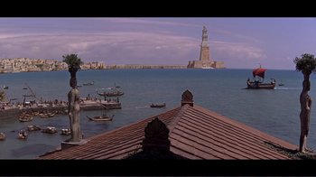 Movie still from “Cleopatra” (1963), directed by Rouben Mamoulian – A large body of water near a city; Extreme Wide shot, High angle