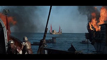 Movie still from “Cleopatra” (1963), directed by Rouben Mamoulian – A boat in the water and a person on a boat; Extreme Wide shot, Low angle