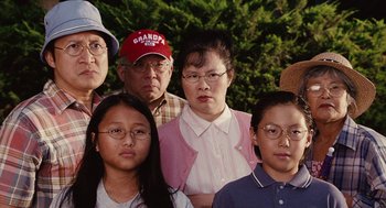 Movie still from “Click” (2006), directed by Frank Coraci – A group of people standing next to each other in front of trees; Medium shot, High angle