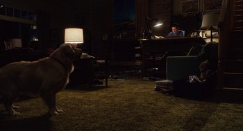 Movie still from “Click” (2006), directed by Frank Coraci – A dog standing in the middle of a living room next to a desk; Wide shot, High angle