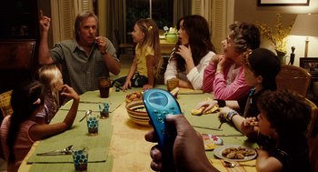 Movie still from “Click” (2006), directed by Frank Coraci – A group of people sitting around a table eating food; Medium shot, Over the shoulder angle