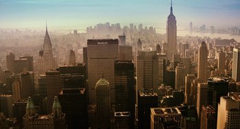 Movie still from “Click” (2006), directed by Frank Coraci – A view of a large city from a high point; Extreme Wide shot, High angle