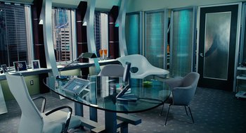 Movie still from “Click” (2006), directed by Frank Coraci – A room with a glass table and chairs; Wide shot, High angle