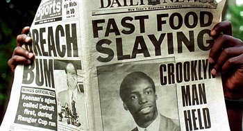 Movie still from “Clockers” (1995), directed by Spike Lee – The front page of a newspaper; Extreme Close Up shot, Low angle