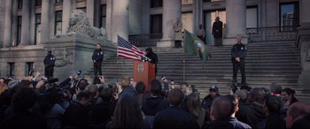 Movie still from “Death Note” (2017), directed by Adam Wingard – A crowd of people standing on the steps of a building; Wide shot, Low angle