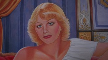 A painting of a woman with blonde hair and blue eyes