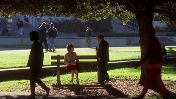Movie still from “Clueless” (1995), directed by Amy Heckerling – A man and a woman sitting on a park bench under a tree; Wide shot, High angle