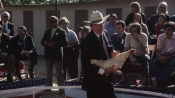 Movie still from “Cockfighter” (1974), directed by Monte Hellman – A man in a suit and a hat holding a chicken; Medium shot, High angle