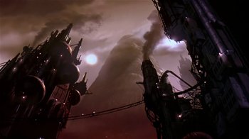 Movie still from “Coneheads” (1993), directed by Steve Barron – A factory with smoke billowing out of it's chimney; Extreme Wide shot, Low angle