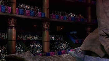 Movie still from “Coneheads” (1993), directed by Steve Barron – A view of a theater from the stage; Wide shot, Low angle