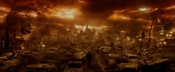 Movie still from “Constantine” (2005), directed by Francis Lawrence – A man is standing in the middle of a city; Extreme Wide shot, High angle