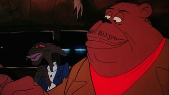 Movie still from “Coonskin” (1974), directed by Ralph Bakshi – A character from a cartoon; Close Up shot, Over the shoulder angle