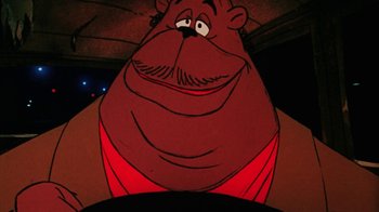 Movie still from “Coonskin” (1974), directed by Ralph Bakshi – A cartoon character's face at night; Close Up shot, Low angle