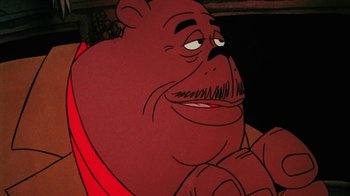 Movie still from “Coonskin” (1974), directed by Ralph Bakshi – A cartoon character with a beard; Close Up shot, High angle