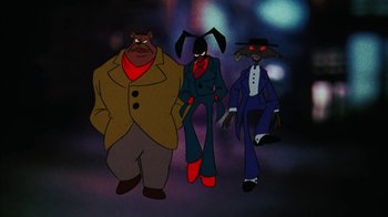 Movie still from “Coonskin” (1974), directed by Ralph Bakshi – A group of cartoon characters standing next to each other; Wide shot, Low angle