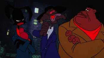 Movie still from “Coonskin” (1974), directed by Ralph Bakshi – A group of people standing next to each other in a room; Medium shot, Low angle