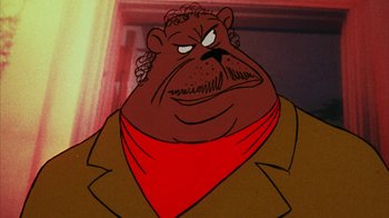 Movie still from “Coonskin” (1974), directed by Ralph Bakshi – An animated picture of a dog with a red bandana on; Close Up shot, Low angle