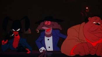 Movie still from “Coonskin” (1974), directed by Ralph Bakshi – A cartoon character with a hat on; Medium shot, Low angle