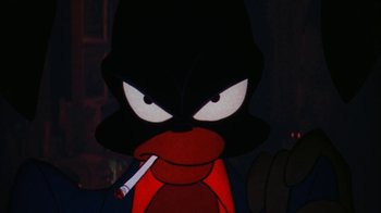 Movie still from “Coonskin” (1974), directed by Ralph Bakshi – A cartoon character smoking a cigarette; Extreme Close Up shot, Low angle