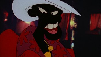 Movie still from “Coonskin” (1974), directed by Ralph Bakshi – A cartoon character with a hat on; Close Up shot, Low angle