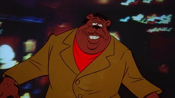 Movie still from “Coonskin” (1974), directed by Ralph Bakshi – A cartoon character with a red shirt on; Close Up shot, Low angle