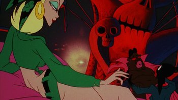 Movie still from “Coonskin” (1974), directed by Ralph Bakshi – A woman in a green dress sitting next to a red skull; Medium shot, Low angle