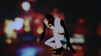 Movie still from “Coonskin” (1974), directed by Ralph Bakshi – A cartoon of a man holding a gun in his hand; Medium shot, Low angle