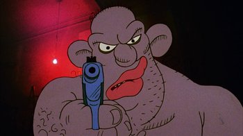 Movie still from “Coonskin” (1974), directed by Ralph Bakshi – An animated character holding a gun in his mouth; Extreme Close Up shot, Low angle