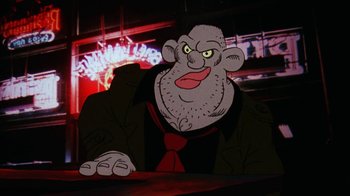 Movie still from “Coonskin” (1974), directed by Ralph Bakshi – An animated character is sitting in front of a neon sign; Close Up shot, Low angle