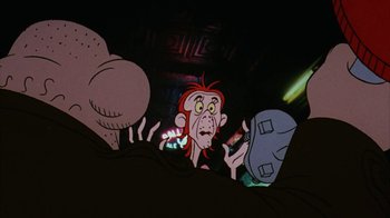 Movie still from “Coonskin” (1974), directed by Ralph Bakshi – A group of cartoon characters in a dark room; Close Up shot, Low angle