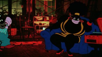 Movie still from “Coonskin” (1974), directed by Ralph Bakshi – A cartoon character sitting on top of a blue couch; Wide shot, High angle