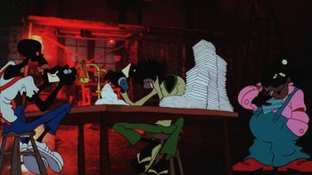Movie still from “Coonskin” (1974), directed by Ralph Bakshi – A cartoon of a person sitting at a table with papers; Wide shot, Low angle