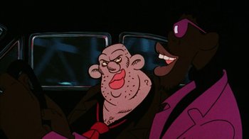 Movie still from “Coonskin” (1974), directed by Ralph Bakshi – Two cartoon characters in the backseat of a car; Close Up shot, Low angle