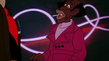 Movie still from “Coonskin” (1974), directed by Ralph Bakshi – A man in a pink suit smoking a cigarette; Medium shot, Low angle