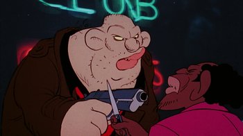 Movie still from “Coonskin” (1974), directed by Ralph Bakshi – An animated character holding a pair of scissors; Close Up shot, Low angle