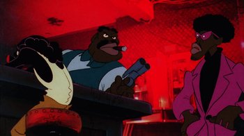 Movie still from “Coonskin” (1974), directed by Ralph Bakshi – A group of people standing in a room; Medium shot, Low angle