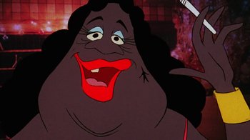 Movie still from “Coonskin” (1974), directed by Ralph Bakshi – A cartoon character with a big smile on its face; Close Up shot, High angle