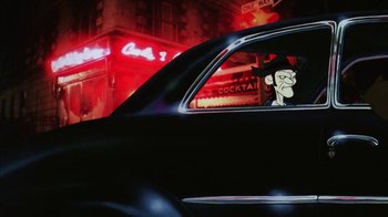 Movie still from “Coonskin” (1974), directed by Ralph Bakshi – A cartoon of a man looking out of the window of a black car; Medium shot, Low angle
