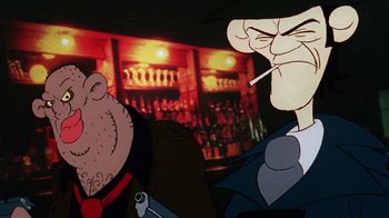 Movie still from “Coonskin” (1974), directed by Ralph Bakshi – Two cartoon characters smoking a cigarette in front of a bar; Close Up shot, Low angle